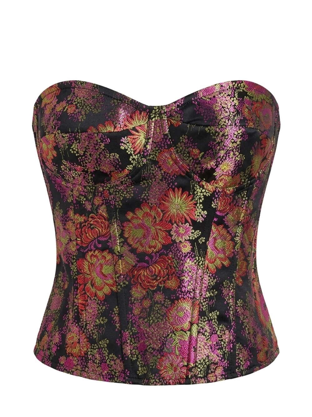 PrettyLittleThing Black Floral Jacquard Boned Cup Detail Corset Top 12 NWT